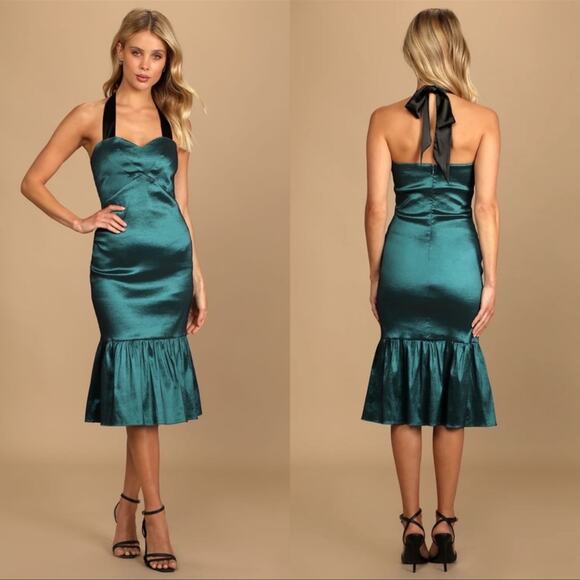Lulus | NWT Bursting With Beauty Teal Blue Halter Trumpet Midi Dress - Picture 1 of 8